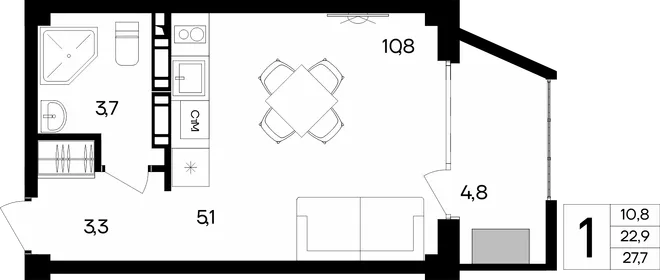 Планировка 1-комн. квартира, 27.7 м² Апарт-комплекс «Альморе» Планировка 1-комн. квартира, 27.7 м² Апарт-комплекс «Альморе»