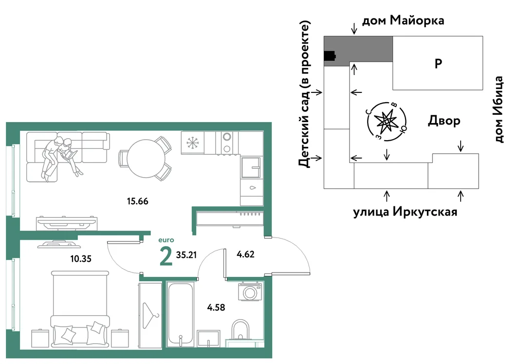 Планировка 2-комн. квартира, 35.21 м² ЖК «Остров-сад»