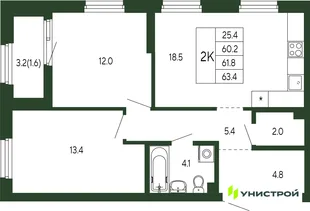 Планировка 2-комн. квартира, 61.8 м² ЖК «Парковый квартал 2.0»