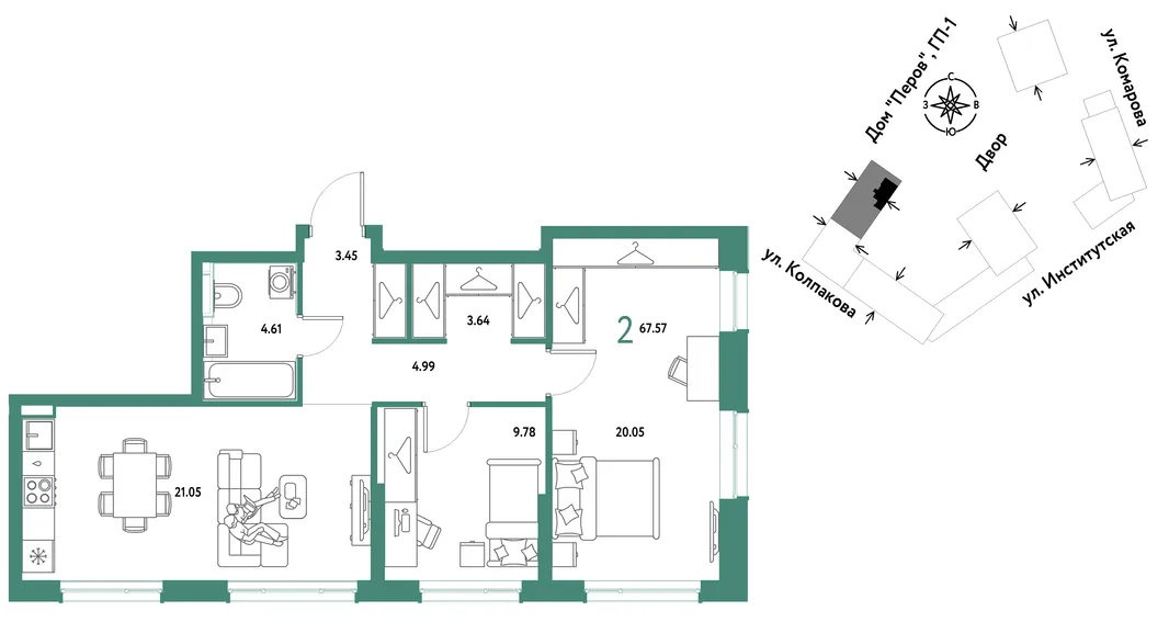 Планировка 2-комн. квартира, 67.57 м² ЖК «Страна.Парковая»