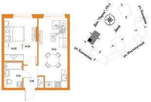 Планировка 1-комн. квартира, 41.64 м² ЖК «Страна.Парковая»