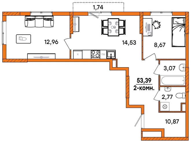 Планировка 2-комн. квартира, 53.39 м² ЖК «Юность» Планировка 2-комн. квартира, 53.39 м² ЖК «Юность»