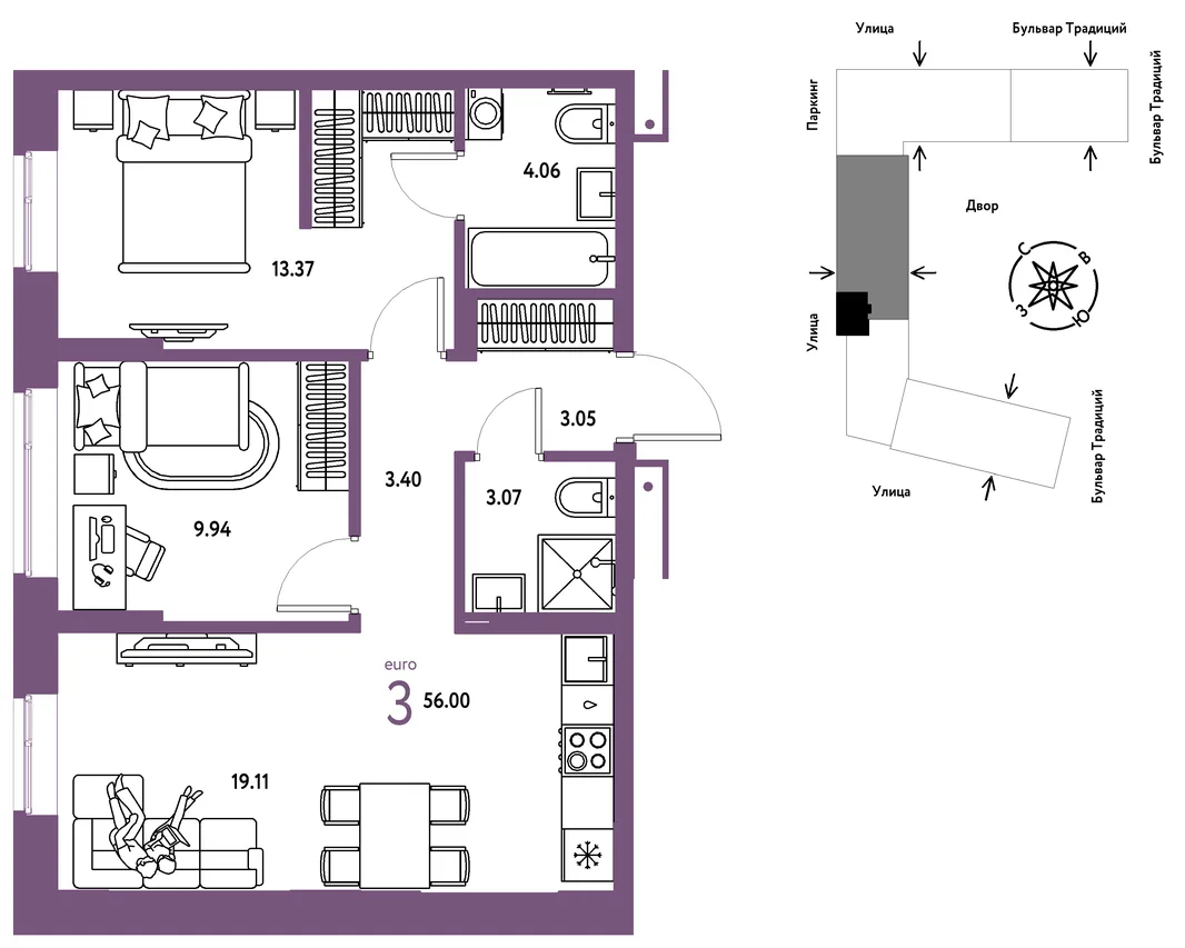 Планировка 3-комн. квартира, 56 м² ЖК «Микрорайон Домашний»