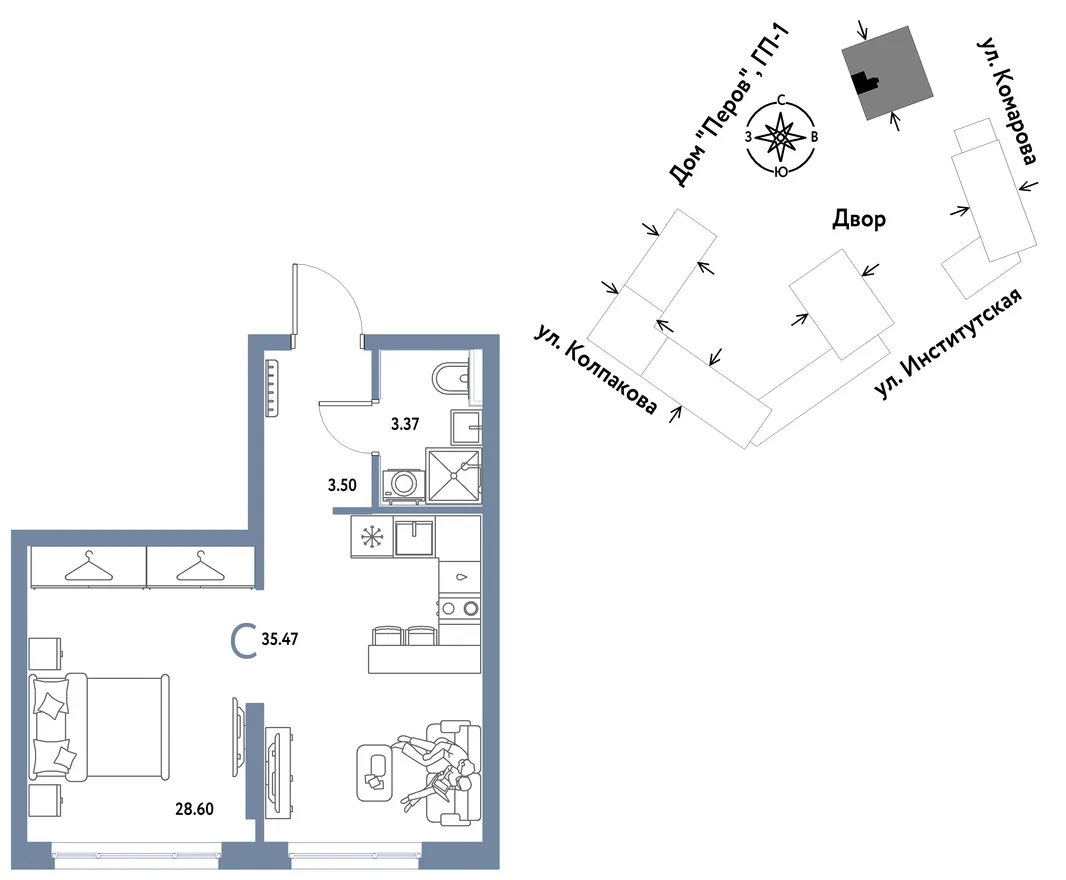 Планировка Студия, 35.47 м² ЖК «Страна.Парковая»