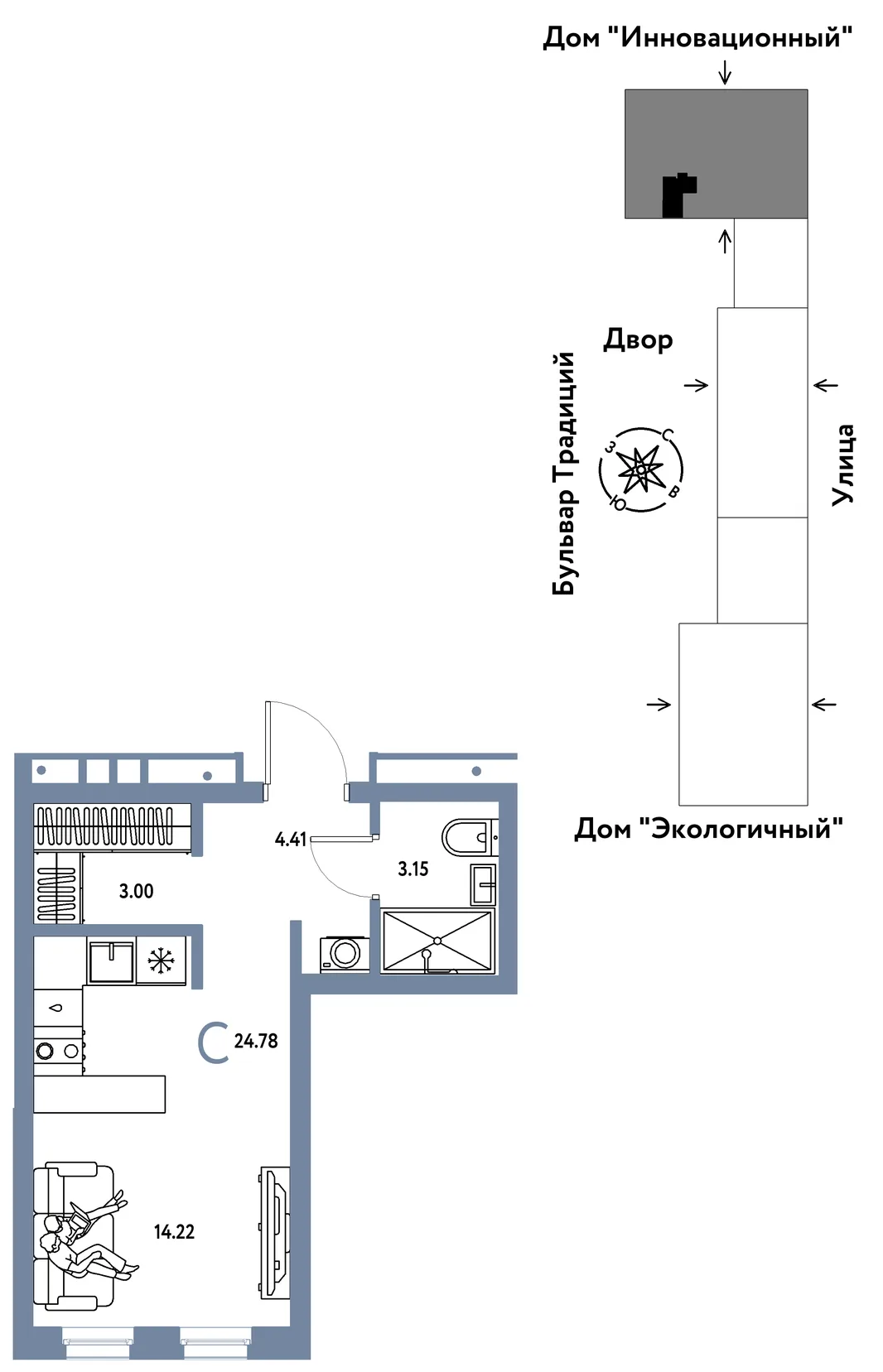 Планировка Студия, 24.78 м² ЖК «Микрорайон Домашний»