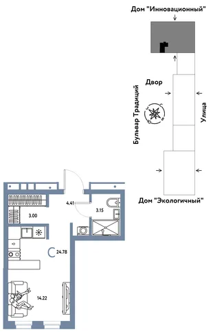 Планировка Студия, 24.78 м² ЖК «Микрорайон Домашний»