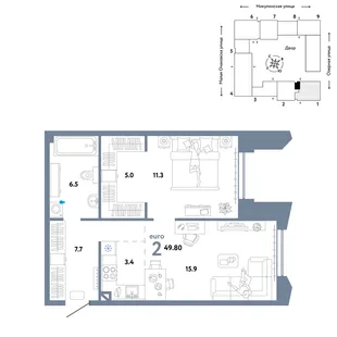 Планировка 2-комн. квартира, 49.8 м² ЖК «Страна.Озёрная»
