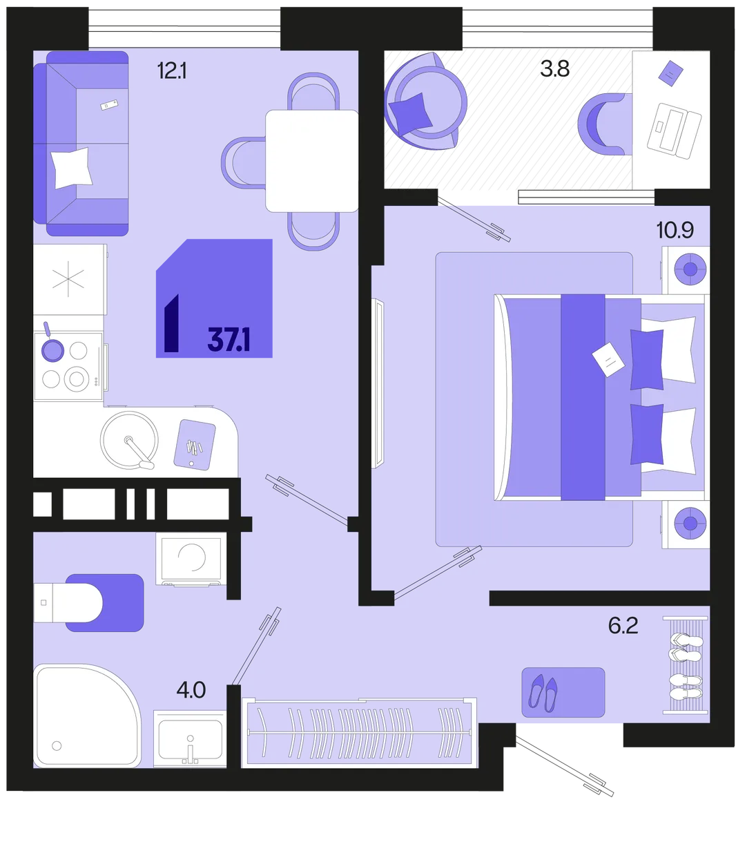 Планировка 1-комн. квартира, 37.1 м² ЖК «Первое место»