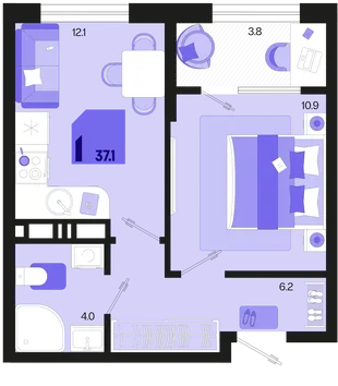 Планировка 1-комн. квартира, 37.1 м² ЖК «Первое место»