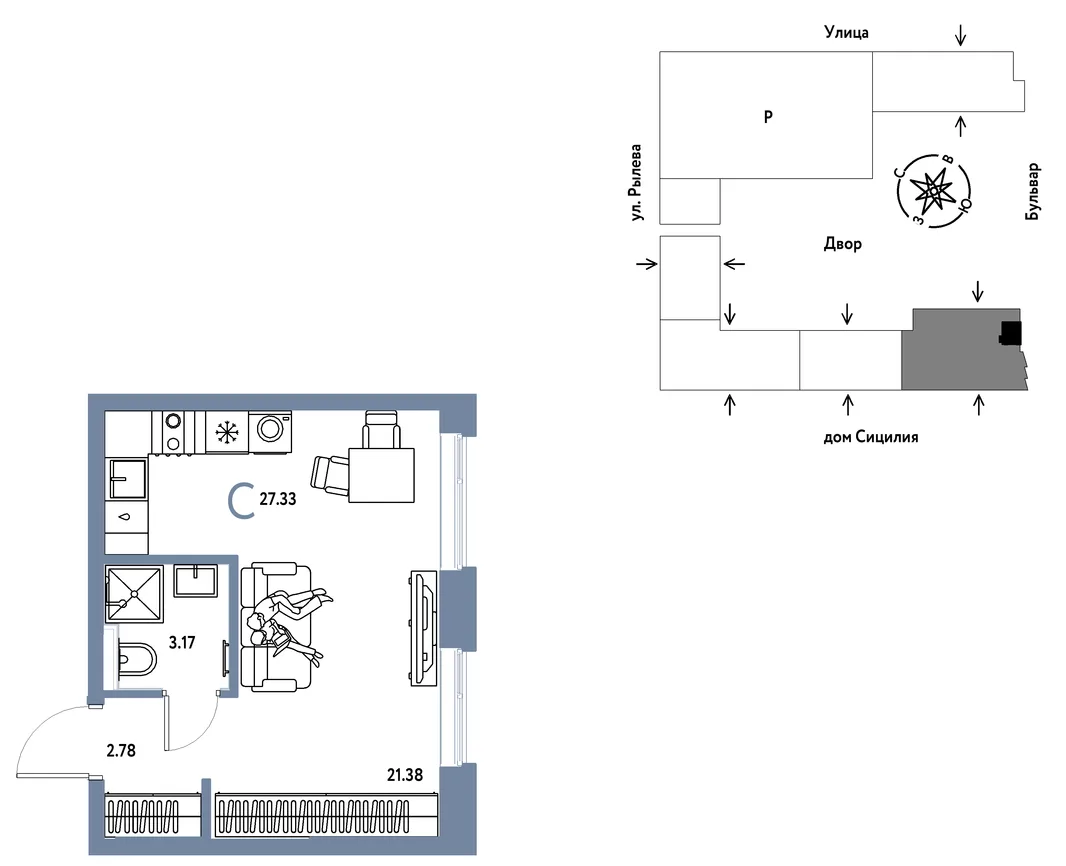 Планировка Студия, 27.33 м² ЖК «Остров-сад»