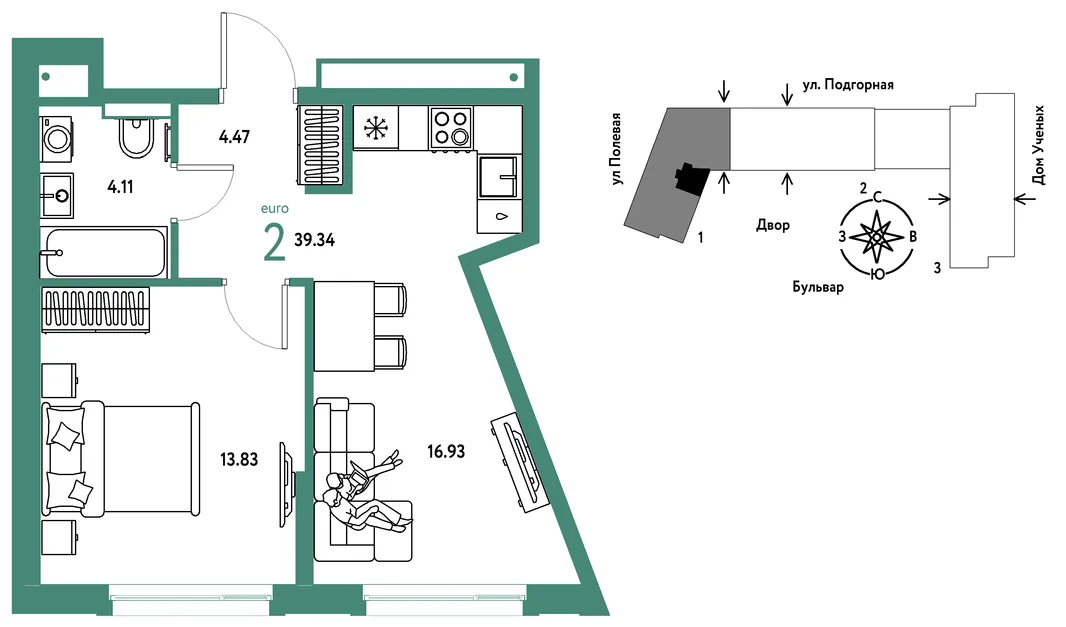 Планировка 2-комн. квартира, 39.34 м² ЖК «Авторский»