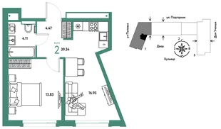 Планировка 2-комн. квартира, 39.34 м² ЖК «Авторский»