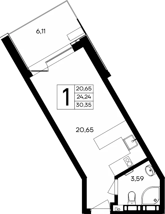 Планировка 1-комн. квартира, 30.35 м² Апарт-комплекс «Песок и море»