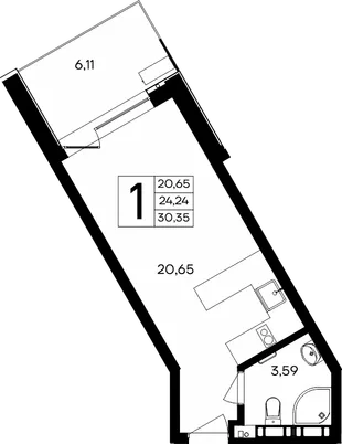 Планировка 1-комн. квартира, 30.35 м² Апарт-комплекс «Песок и море»