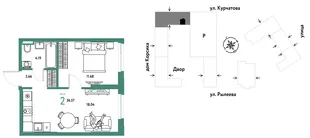 Планировка 2-комн. квартира, 36.57 м² ЖК «Остров-сад»