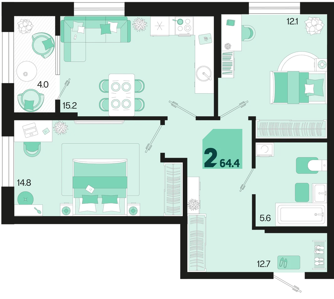 Планировка 2-комн. квартира, 64.4 м² ЖК «Первое место»