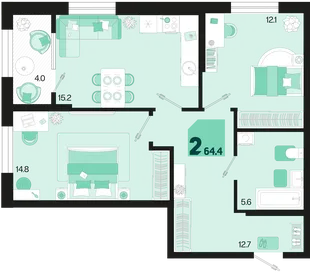Планировка 2-комн. квартира, 64.4 м² ЖК «Первое место»