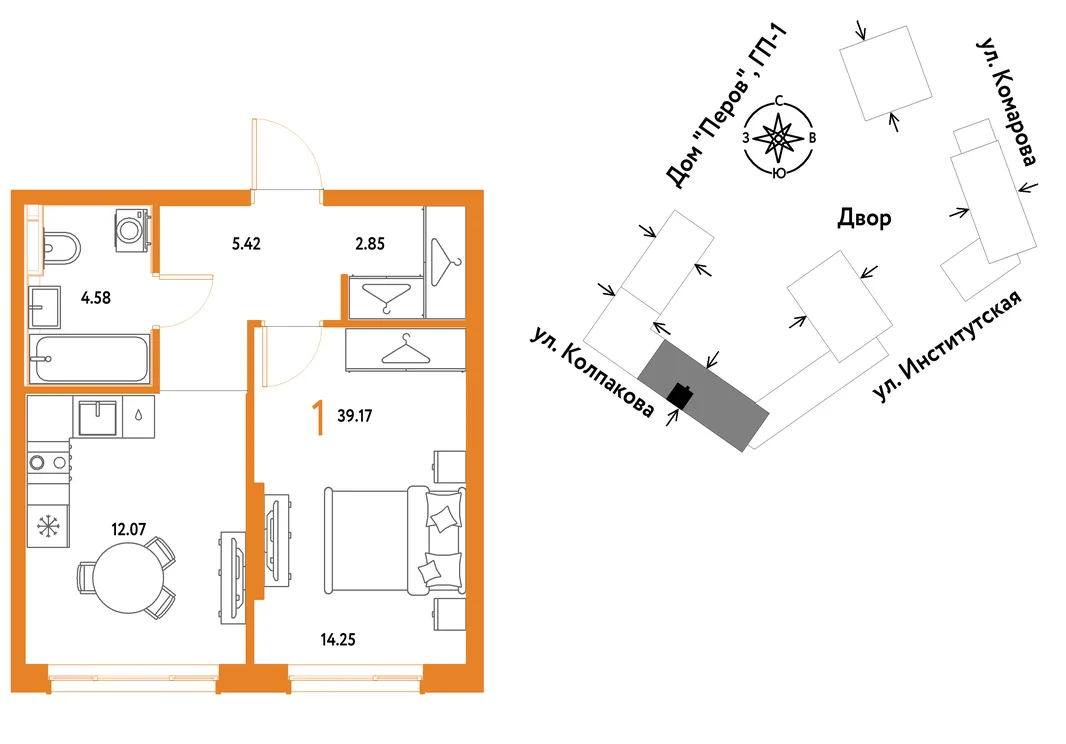 Планировка 1-комн. квартира, 39.17 м² ЖК «Страна.Парковая»