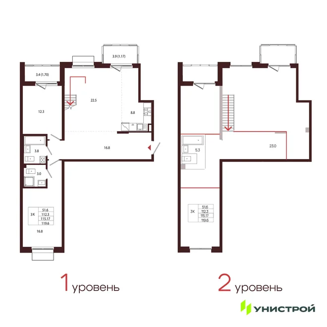 Планировка 3-комн. квартира, 115.17 м² ЖК «Лисино»