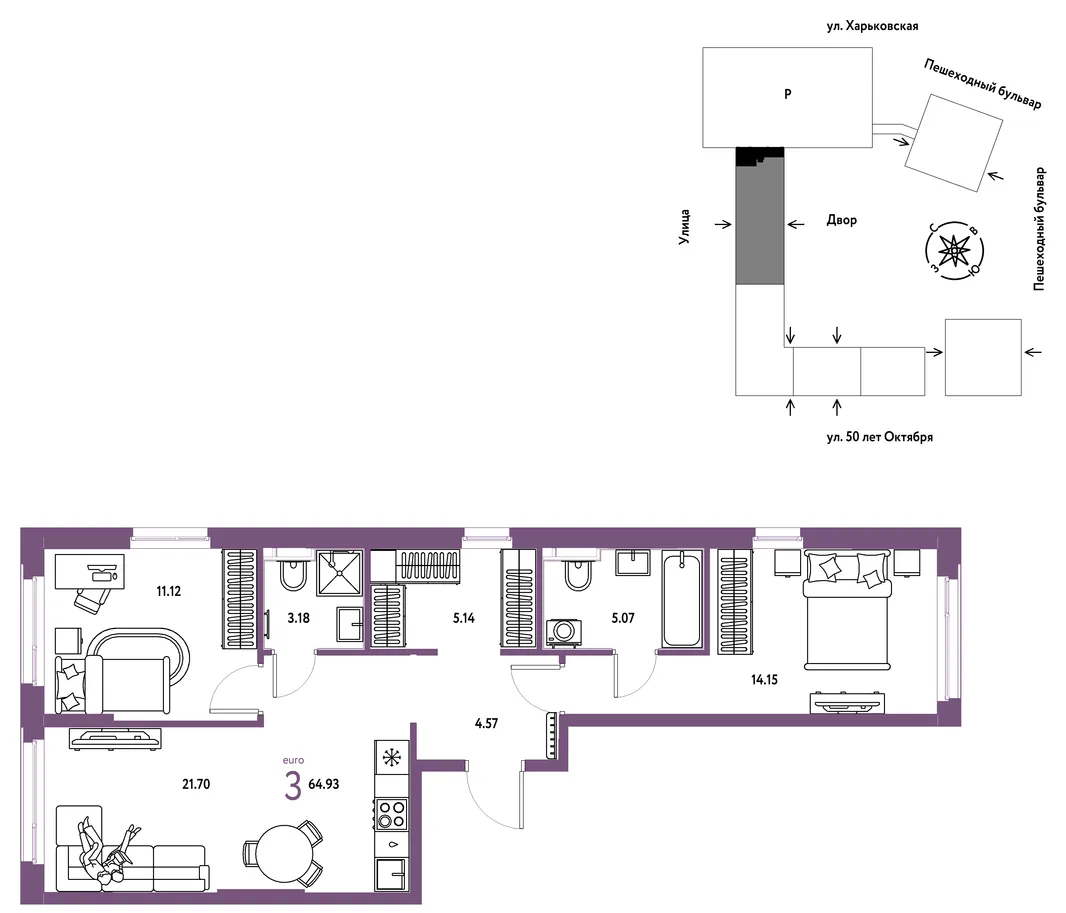 Планировка 3-комн. квартира, 64.93 м² ЖК «Сердце Сибири»