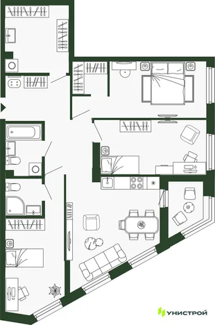 Планировка 3-комн. квартира, 95.6 м² ЖК «Парковый квартал 2.0»