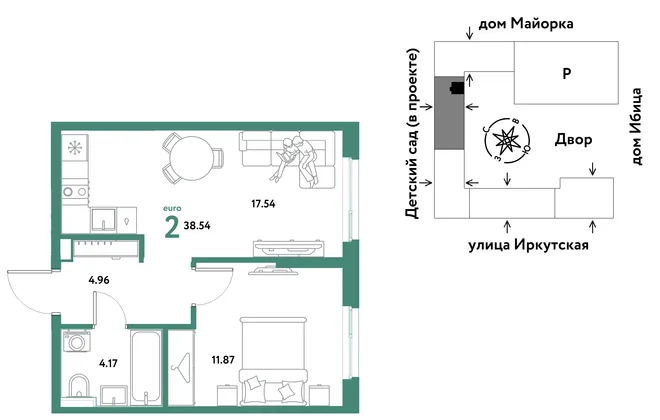 Планировка 2-комн. квартира, 38.54 м² ЖК «Остров-сад» Планировка 2-комн. квартира, 38.54 м² ЖК «Остров-сад»