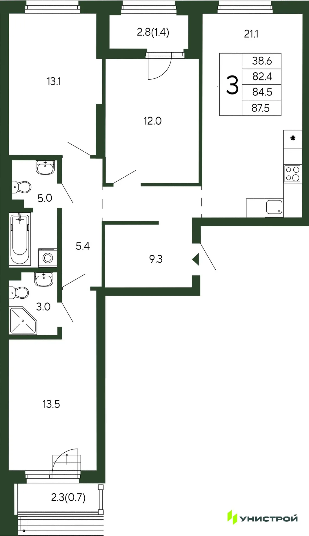 Планировка 3-комн. квартира, 84.5 м² ЖК «Парковый квартал 2.0»