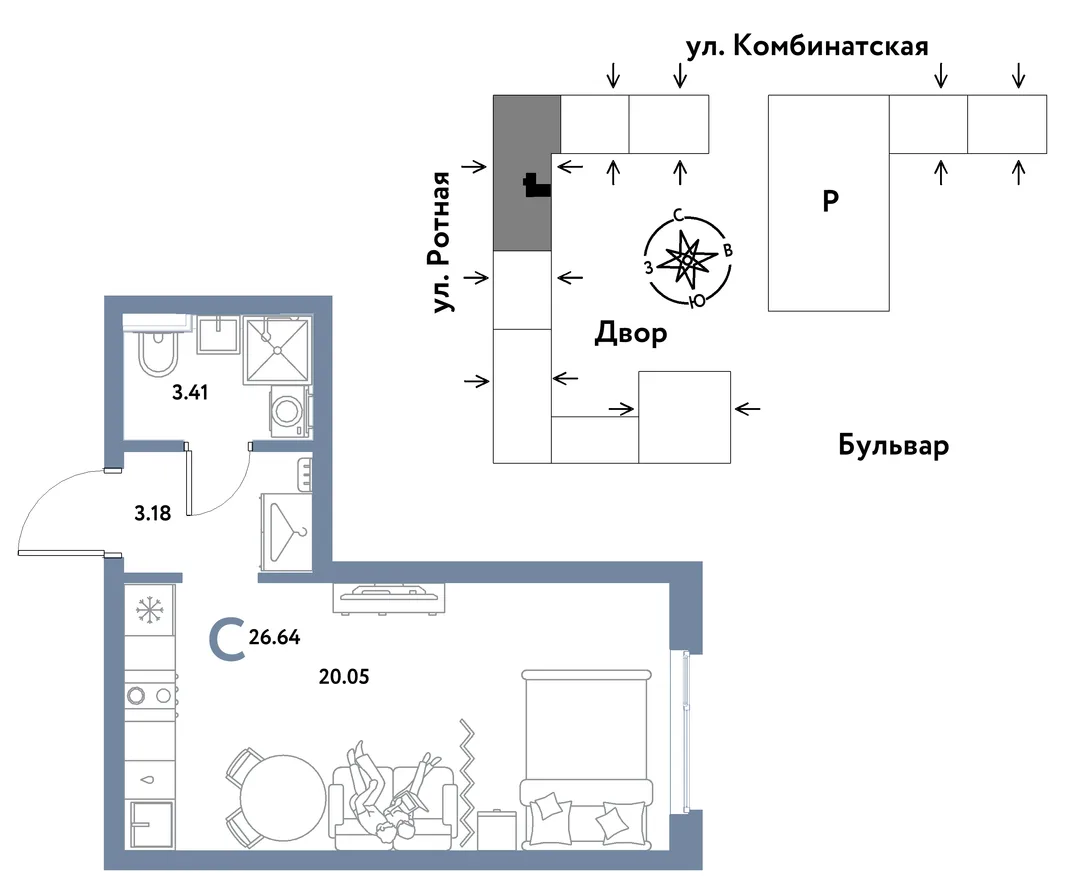 Планировка Студия, 26.55 м² ЖК «Уральский сад»
