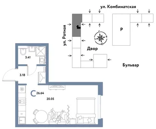 Планировка Студия, 26.55 м² ЖК «Уральский сад»