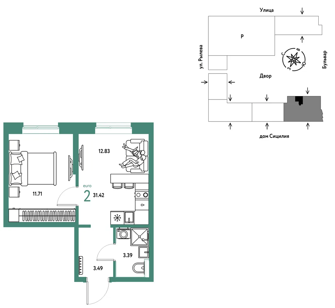 Планировка 2-комн. квартира, 31.42 м² ЖК «Остров-сад»
