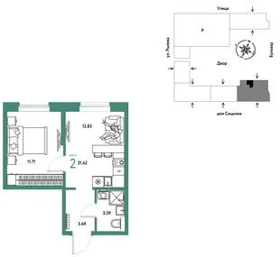 Планировка 2-комн. квартира, 31.42 м² ЖК «Остров-сад»