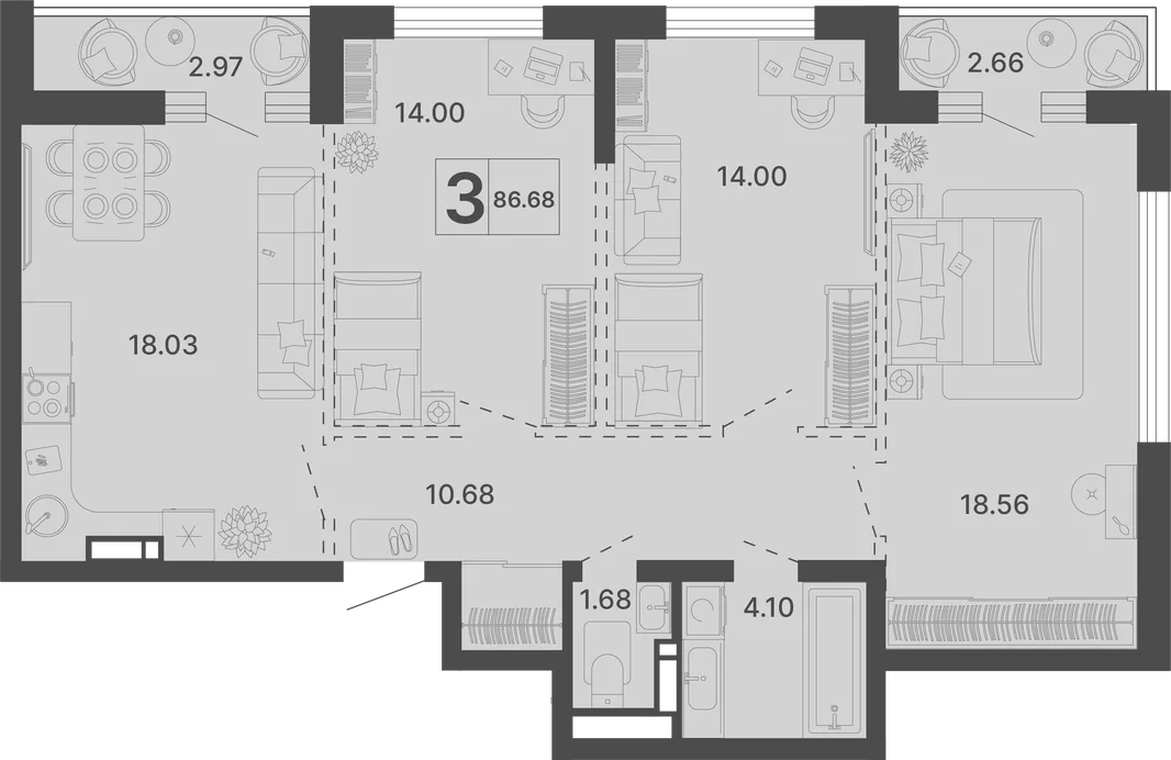 Планировка 3-комн. квартира, 86.68 м² ЖК «Светский лес»
