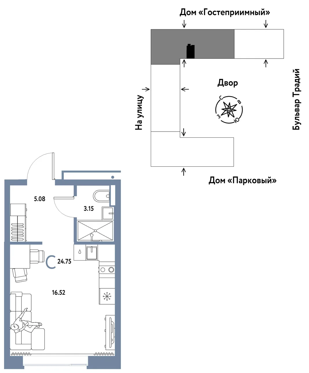 Планировка Студия, 24.75 м² ЖК «Микрорайон Домашний»