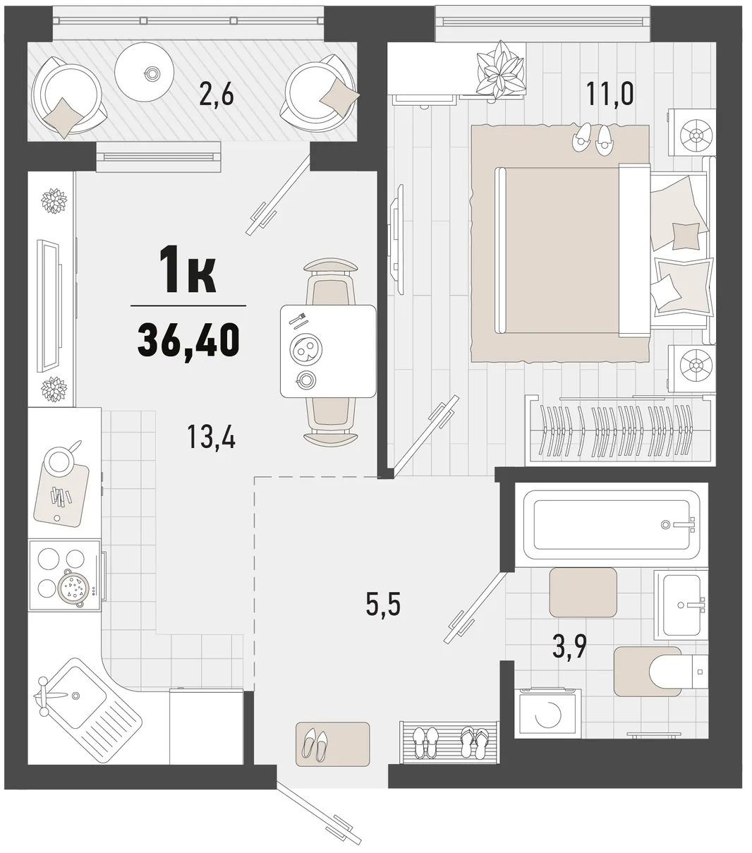 Планировка 1-комн. квартира, 36.4 м² ЖК «Барса»