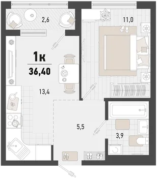Планировка 1-комн. квартира, 36.4 м² ЖК «Барса»