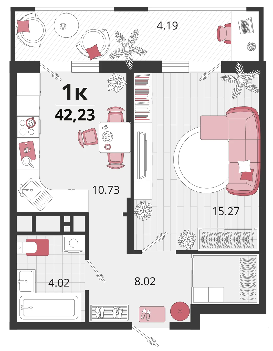 Планировка 1-комн. квартира, 42.25 м² ЖК «Родные просторы»