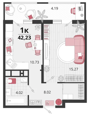 Планировка 1-комн. квартира, 42.25 м² ЖК «Родные просторы»