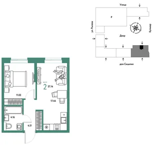 Планировка 2-комн. квартира, 37.14 м² ЖК «Остров-сад»