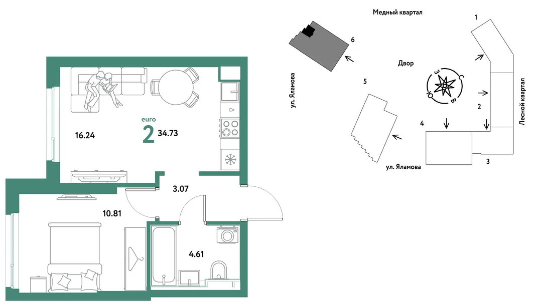 Планировка 2-комн. квартира, 34.73 м² ЖК «Сибирский сад»
