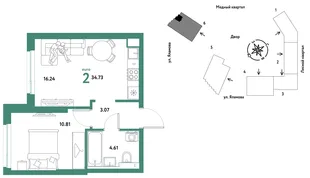 Планировка 2-комн. квартира, 34.73 м² ЖК «Сибирский сад»