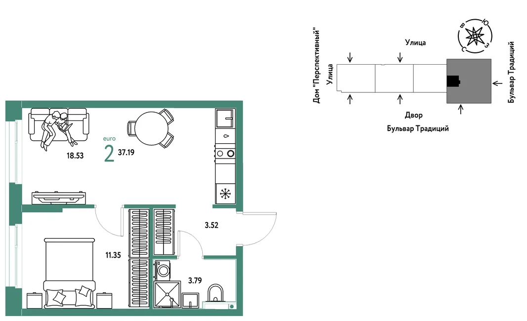 Планировка 2-комн. квартира, 37.19 м² ЖК «Микрорайон Домашний»