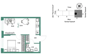 Планировка 2-комн. квартира, 37.19 м² ЖК «Микрорайон Домашний»