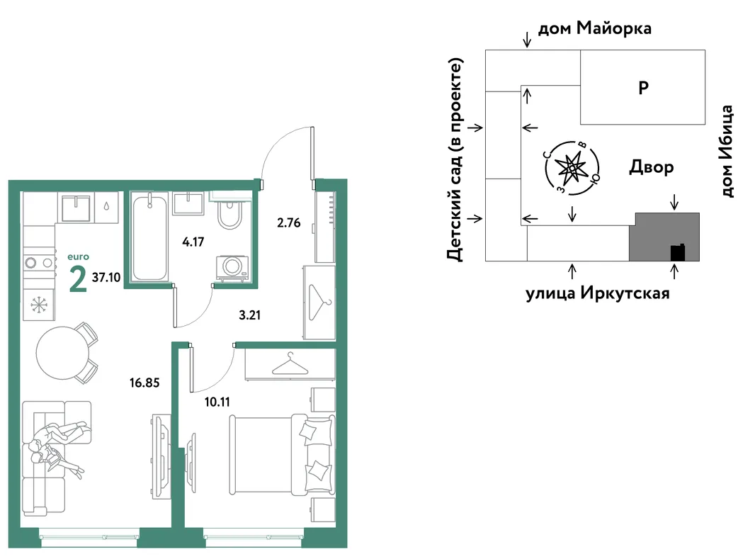 Планировка 2-комн. квартира, 37.1 м² ЖК «Остров-сад»