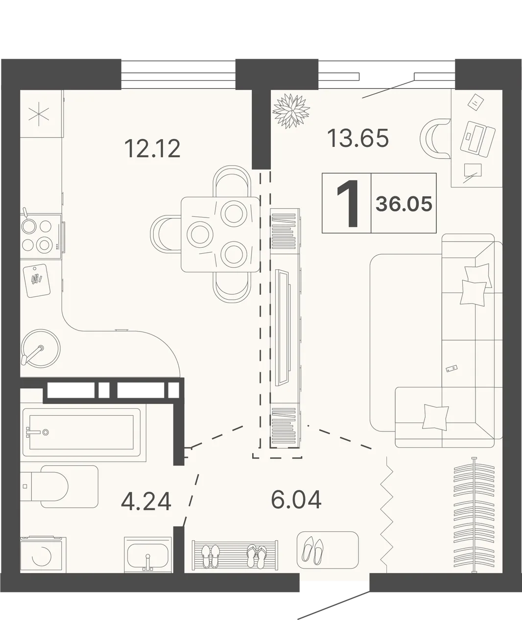 Планировка 1-комн. квартира, 36.05 м² ЖК «Светский лес»