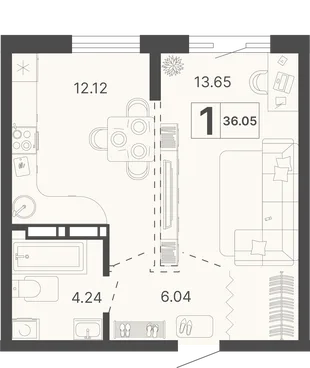 Планировка 1-комн. квартира, 36.05 м² ЖК «Светский лес»