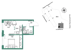 Планировка 2-комн. квартира, 30.36 м² ЖК «Страна Прибрежная»