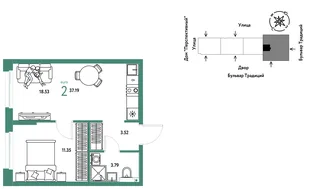 Планировка 2-комн. квартира, 37.19 м² ЖК «Микрорайон Домашний»