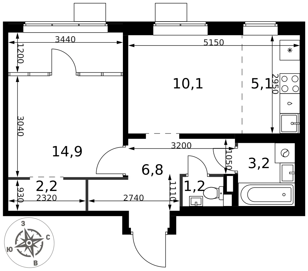 Планировка 2-комн. квартира, 43.5 м² ЖК «1-й Химкинский»
