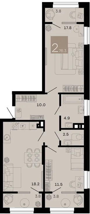 Планировка 2-комн. квартира, 76.3 м² ЖК «Хозяин морей»