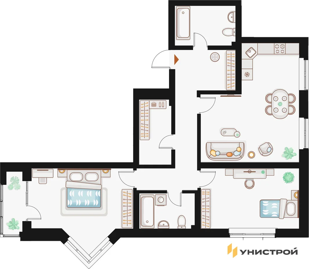 Планировка 2-комн. квартира, 92.63 м² ЖК «Жилой кластер Q на Кулагина»